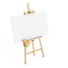 Leinwandbilder - Wooden Artist Easel with White Mock Up Canvas and Palette. 3d Rendering