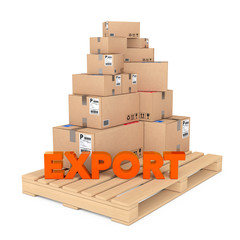 Aufkleber - Export concept. Cardboard Boxes on Wooden Palette with Export Sign. 3d Rendering