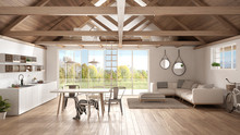 Minimalist Mezzanine Loft, Kitchen, Living And Bedroom, Wooden Roofing And Parquet Floor, Scandinavian Classic Interior Design With Garden Panorama
