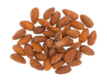 Top View Of Hickory Smoked Almonds Isolated On A White Background.