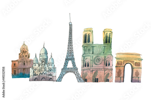 City of Paris Skyline famous landmarks travel and tourism waercolor illustration Obraz na płótnie