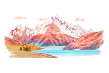 Natural Landscape Mountains And River Watercolor Illustration
