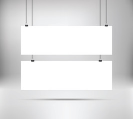 Fototapete - White poster mock up template hanging on binder. Two horizontal narrow paper banners. Vector illustration. Layout mockup. Grey wall with empty posters mockup. 