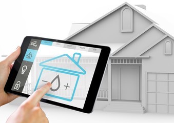 Poster - Hand holding digital tablet with home security icons on screen