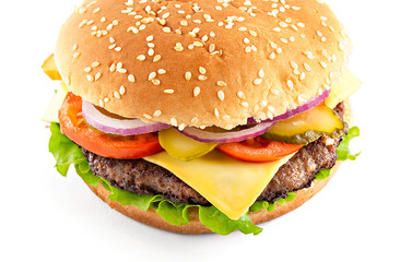 Wall Mural - Classic cheeseburger isolated on white background. Close-up view.