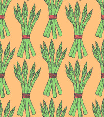 Wall Mural - Seamless pattern with sketch style asparagus bunch. Tile vegetarian background