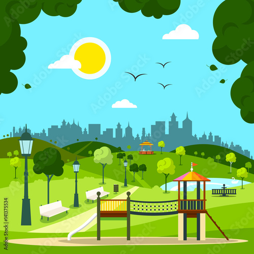 City Garden with Children's Playground and City Silhouette on ...