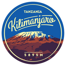 Mount Kilimanjaro In Africa, Tanzania Outdoor Adventure Badge. Higest Volcano On Earth Illustration.