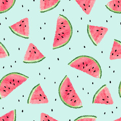 Wall Mural - Seamless watermelon pattern. Vector summer background with watercolor watermelon slices.