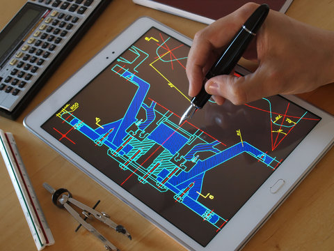 engineer designer working on cad blueprint using tablet computer tool