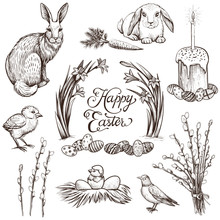 Easter Vintage Hand Drawn Vector Illustrations Set.