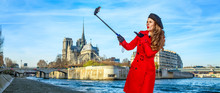 Happy Traveller Woman In Paris Taking Selfie Using Selfie Stick