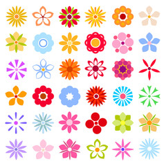 Wall Mural - Flower icons isolated on white background collection. Retro design elements for stickers, labels, tags, gift wrapping paper, greeting cards. Vector illustration