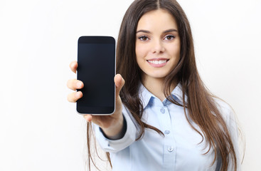 happy smiling woman showing mobile phone isolated in white background