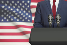 Businessman Or Politician Making Speech From Behind A Pulpit With National Flag On Background - United States