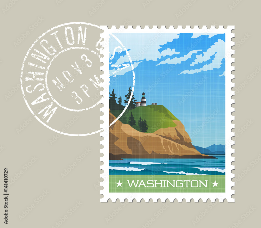 Washington State postage stamp design. Vector illustration of rugged ...