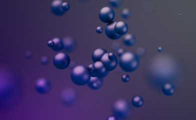 Poster - Abstract 3d rendering of chaotic spheres. Flying particles in empty space. Dynamic shape. Futuristic background with bokeh, depth of field effect. Design for poster, banner, placard.