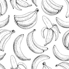 Wall Mural - Banana vector seamless pattern. Isolated hand drawn bunch and peel banana Summer fruit engraved style illustration.