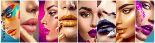 Makeup collage. Beauty makeup artist ideas. Colorful lips, eyes, eyeshadows and nail art