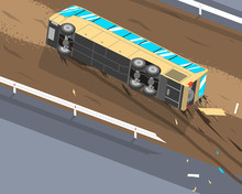 The Driver Of The Passenger Bus Was Tired And Fell Asleep At The Wheel Because Of This The Bus Flew Off The Track And Rolled Over. Vector Illustration
