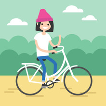 Young Brunette Girl Riding A Bike And Waving Her Hand / Editable Flat Vector Illustration, Clip Art