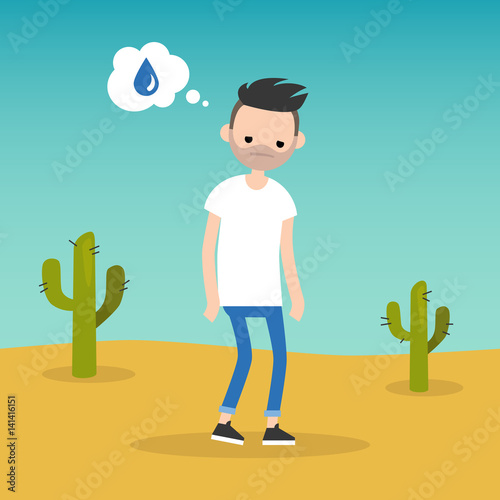 Cuadros en Lienzo Thirsty bearded man dreaming about water / flat editable vector illustration, cl
