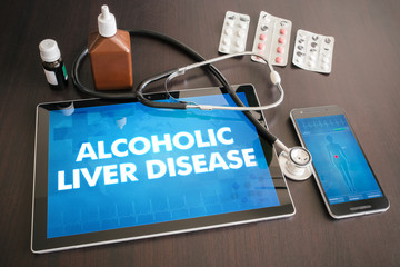 Poster - Alcoholic liver disease (liver disease) diagnosis medical concept on tablet screen with stethoscope