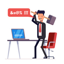 Broken Computer With A Blue Screen Of Death. Computer Virus. An Angry Businessman Or Manager With A Sledgehammer In His Hand Expresses Swearing. Flat Illustration Isolated On White Background.