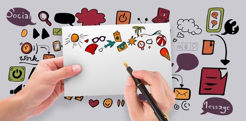 Poster - Composite image of hands holding card and pen