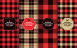 Lumberjack Seamless Patterns with Label Frames.  Red Black Tan Buffalo Check and Tartan Plaid. Trendy Hipster Textures & Badges. Copy Space for Text. Design Templates for Packaging, Covers, Gift Wrap.