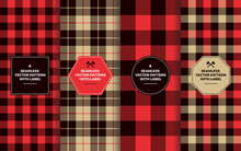 Lumberjack Seamless Patterns With Label Frames.  Red Black Tan Buffalo Check And Tartan Plaid. Trendy Hipster Textures & Badges. Copy Space For Text. Design Templates For Packaging, Covers, Gift Wrap.