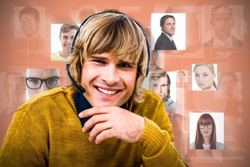 Poster - Composite image of smiling hipster businessman using headset