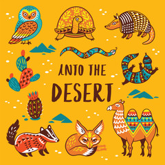 Wall Mural - Set with cartoon animals of desert