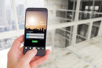 Poster - Composite image of female hand holding a smartphone