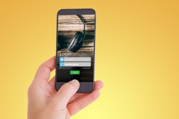 Poster - Composite image of female hand holding a smartphone