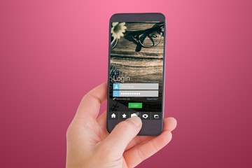 Poster - Composite image of female hand holding a smartphone