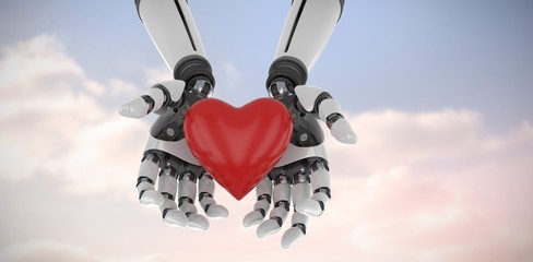 Poster - Composite image of 3d image of cyborg holding heart shape decor