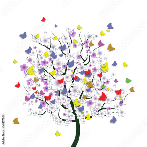 Tapeta ścienna na wymiar Wiosenne drzewo z kwiatami i motylami