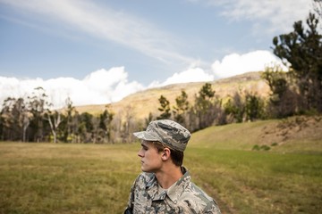 Wall Mural - Military soldier guarding in boot camp