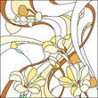 Colored stained-glass window in a square frame, abstract floral arrangement of buds and leaves in the art Nouveau style