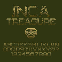 Leinwandbilder - Golden patterned angular letters and numbers. Decorative elegant font. Isolated english alphabet with text Inca Treasure.