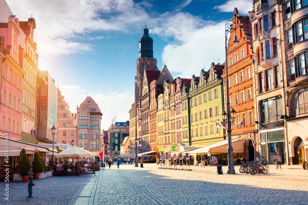 Obraz na płótnie Colorful morning scene on Wroclaw Market Square. w salonie