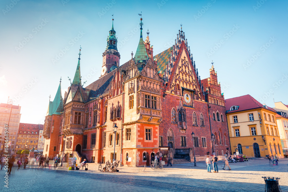 Obraz na płótnie Colorful morning scene on Wroclaw Market Square with Town Hall. w salonie
