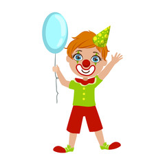 Sticker - Boy In Clown Costume, Part Of Kids At The Birthday Party Set Of Cute Cartoon Characters With Celebration Attributes