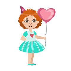 Sticker - Girl With The Balloon, Part Of Kids At The Birthday Party Set Of Cute Cartoon Characters With Celebration Attributes