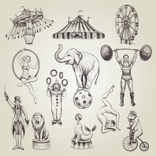 Circus Vintage Hand Drawn Vector Illustrations Set.