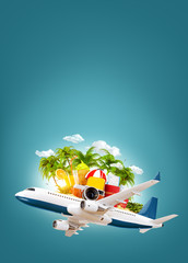 Wall Mural - airplane and tropical palm on a paradise island