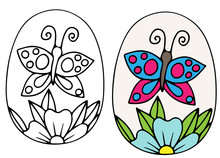 Hand Drawn Easter Egg Vector With Blue Flower And Butterfly