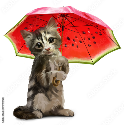 Zdjęcie XXL Kitty trzyma czerwony parasol akwareli