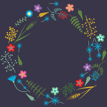 Vector Embroidery Frame Pattern With Forest Plants And Field Wildflowers.
